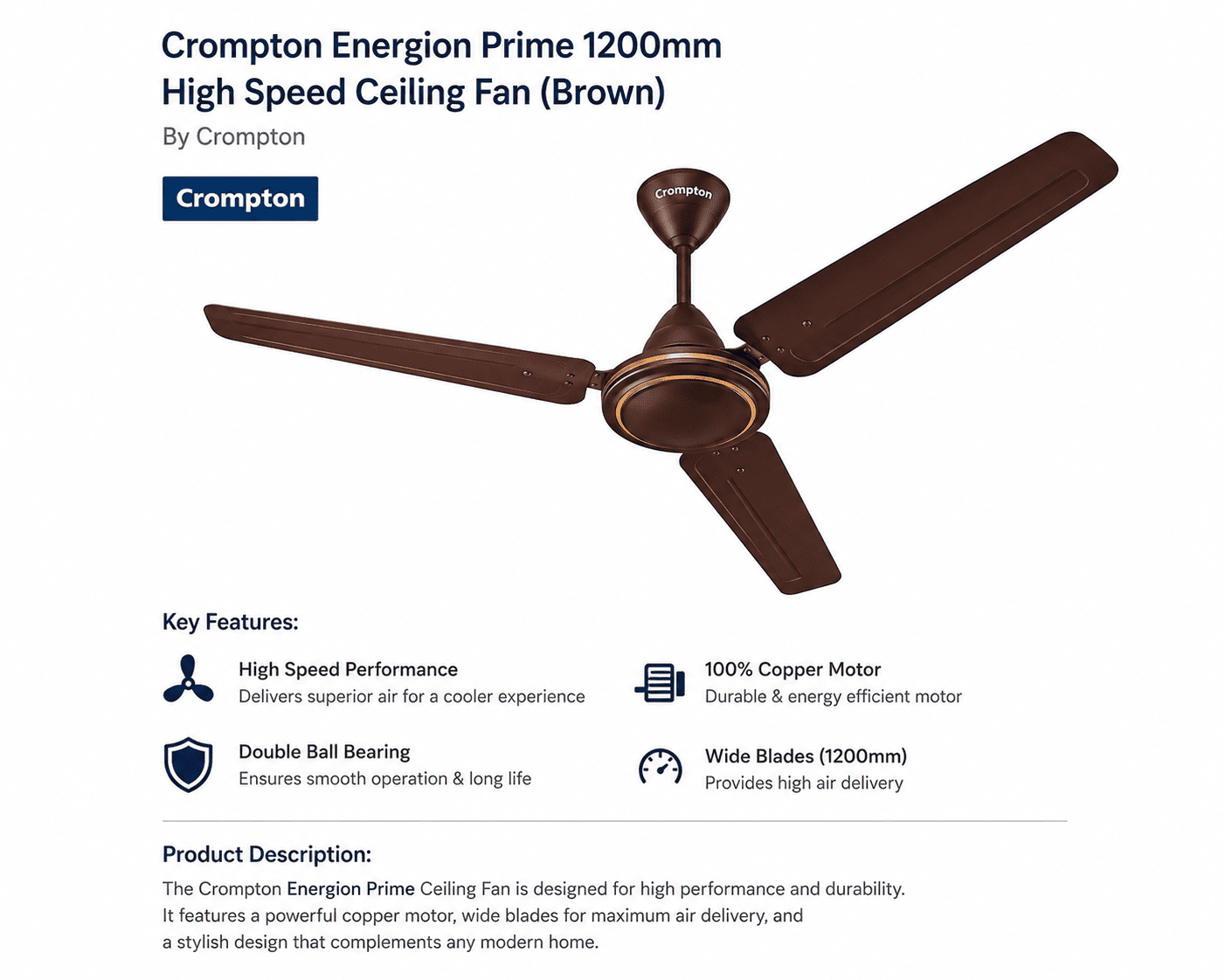 Crompton Energion Prime 1200mm High Speed Ceiling Fan – Brown | Energy Efficient Premium Ceiling Fan